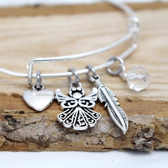 Heart, Angel & Feather Adjustable Charm Bangle - Handcrafted Hypoallerge… - Picture 1 of 4